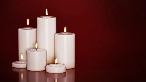 Lit candles in different sizes isolated on red background. 3D illustration Illustrazione stock