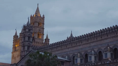 Lit Cathedral in Palermo at dawn Stock Footage 88642945