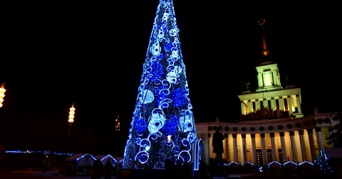 Lit Christmas tree - artificial decorations at the VDNKH in Moscow Stock Footage 67767486