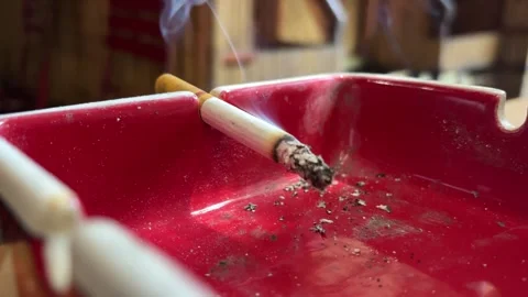 A lit cigarette on a red ashtray Stock Footage 322978386