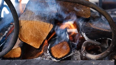 Lit a fire. Built-in BBQ. The smoke from the fire. Open flame. High temperature. Vidéo 108631605