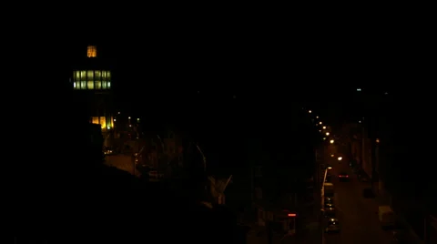 Lit Fire Tower Late At Night In Downtown Bucharest,  Aerial View, Rack Focus Stock Footage 49321617
