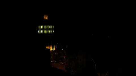 Lit Fire Tower Late At Night In Downtown Bucharest, Night Traffic, Aerial View Vídeos de archivo 49321627