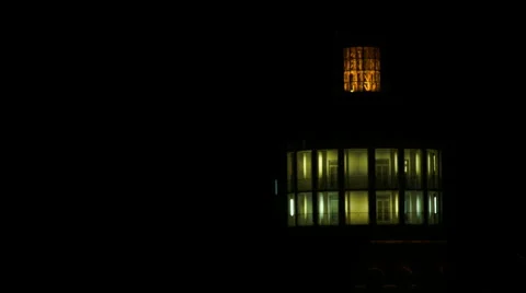 Lit Fire Tower Late At Night In Downtown Bucharest, Landmark, Pan Vídeo Stock 49321668