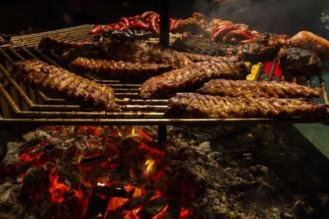 Lit grill meat - parrilla encendida con carne Stock Photos