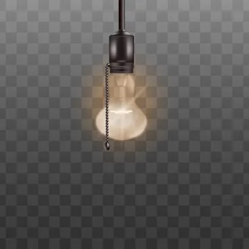 Lit light bulb ceiling lamp with switch rope isolated on transparent background. イラスト素材