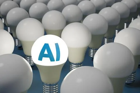 A lit light bulb with the text "AI" among other unlit bulbs. Artificial int.. Stock Illustration