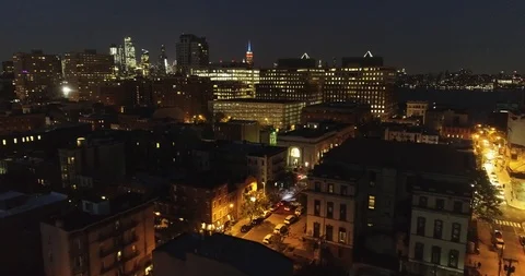 Lit Streets and Brownstone Blocks at Night in Hoboken, New Jersey 動画素材 90319341