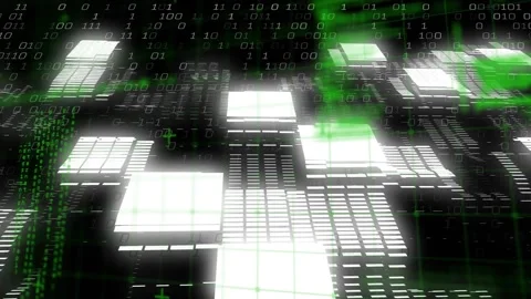 Lit tile clusters enlarging as camera moving forward initiating green code and Stock Footage 330444073