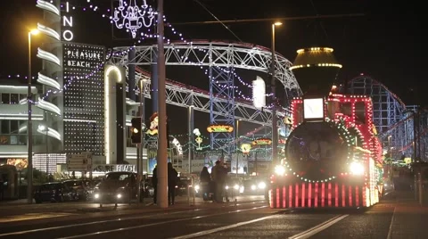 Lit Up Train at Blackpool Pleasure Beach, UK Stock Footage 56854989