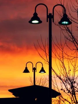 Lit Vertical Lightposts with Sunrise Background 写真素材