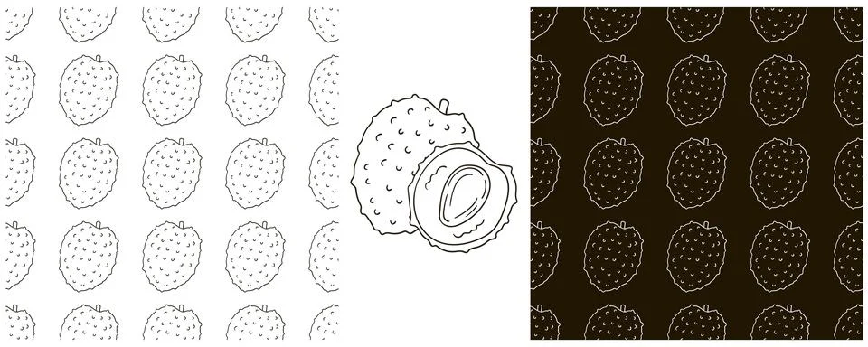 Litchi. Seamless pattern for kitchen, restaurant or shop. Monochrome Set in h Stock Illustration