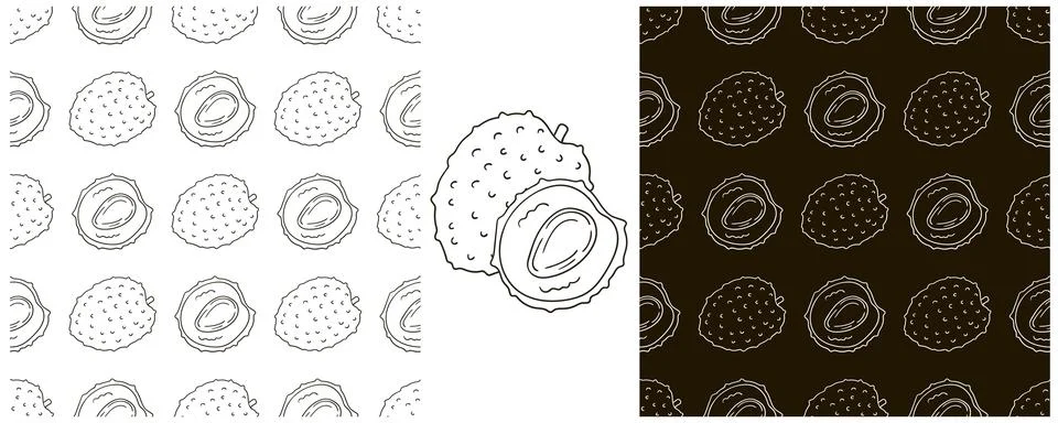 Litchi. Seamless pattern for kitchen, restaurant or shop. Monochrome Set in h Stock Illustration
