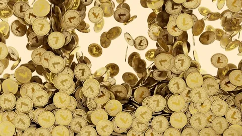 Lite crypto coins falling down. Golden lite cryptocurrency coins drooping. Vídeo Stock 267843315