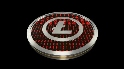 Litecoin, close up view of cryptocurrency coin with binary code, bottom view Stockillustratie