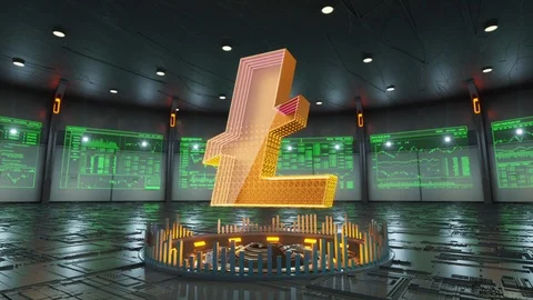 Litecoin crypto currency icon is surrounded by data screens Stock Footage 86874291