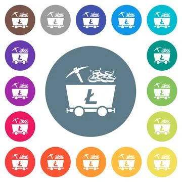 Litecoin cryptocurrency mining with treasure flat white icons on round color Stock-Illustration