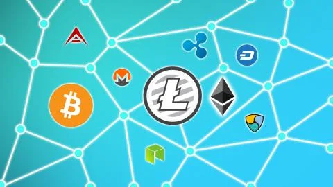 Litecoin Cryptocurrency Network Concept Blue Background Stock Illustration