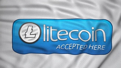Litecoin digital payment flag with text accepted here Stock Footage 83461197