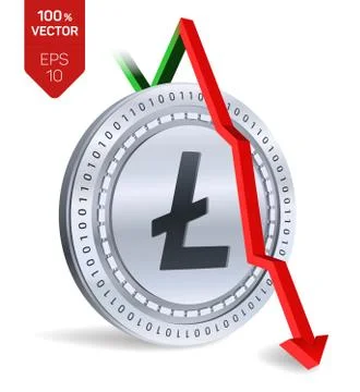 Litecoin. Fall. Red arrow down. Litecoin index rating go down on exchange mar Ilustración de archivo