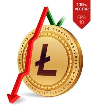 Litecoin. Fall. Red arrow down. Litecoin index rating go down on exchange mar Stock Illustration