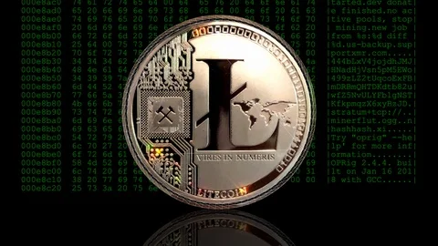 Litecoin with wireframe effect rotating against a crypto miner hex dump. Stock Footage 105188529
