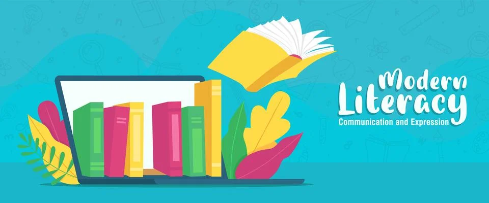 Literacy concept computer book library banner Stock Illustration