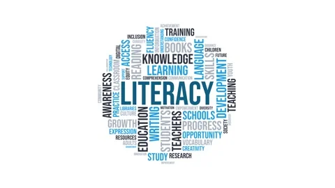 Literacy word cloud animation with education and learning terms 库存影片 343780242