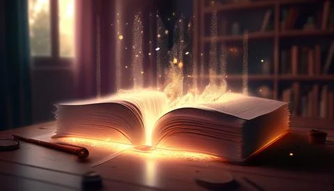 Literary world: magic book on the table, the magic of words Stock Illustration