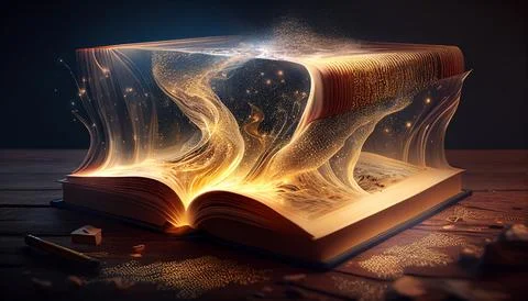 Literary world: magic book on the table, the magic of words Stock Illustration