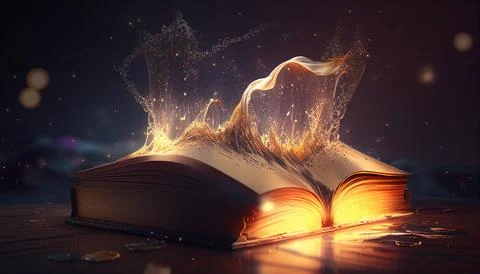 Literary world: magic book on the table, the magic of words Stock Illustration