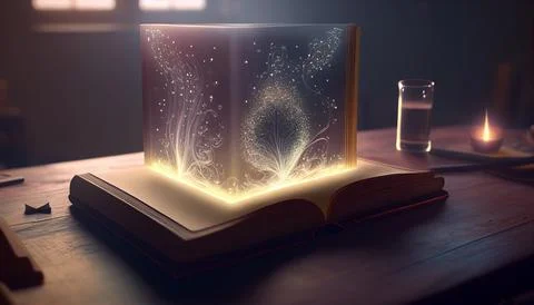 Literary world: magic book on the table, the magic of words Stock Illustration