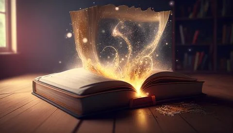 Literary world: magic book on the table, the magic of words Stock Illustration
