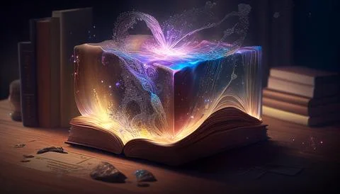 Literary world: magic book on the table, the magic of words Stock Illustration