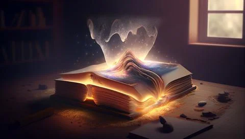 Literary world: magic book on the table, the magic of words Stock Illustration