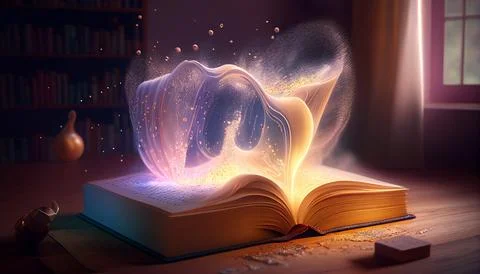 Literary world: magic book on the table, the magic of words Stock Illustration
