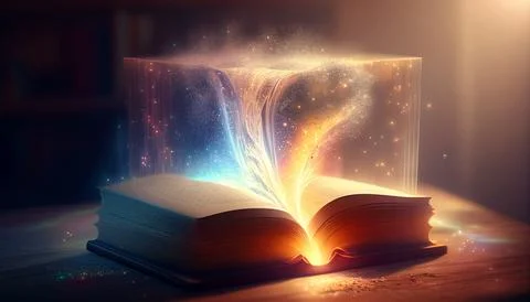 Literary world: magic book on the table, the magic of words Stock Illustration