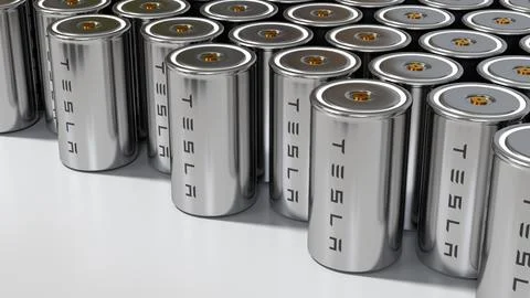 Lithium 4680 Tesla battery pack, High-capacity accumulator cell modules, ta.. Illustrazione stock