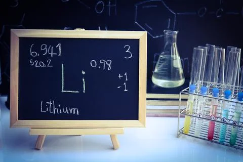 Lithium and symbol structural formula chemical write on the blackboard 写真素材