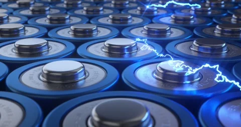 Lithium batteries interacting with energy lightning bolts. Vídeos de archivo 336403819