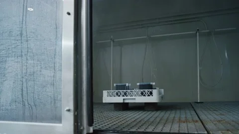Lithium batteries in white crate inside industrial climate testing chamber Video stock 156059282