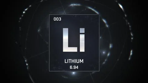 Lithium as Element 3 of the Periodic Table 3D animation on silver background Stock Illustration