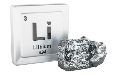Lithium element tile Li with metal chunk, 3D rendering Illustrazione stock