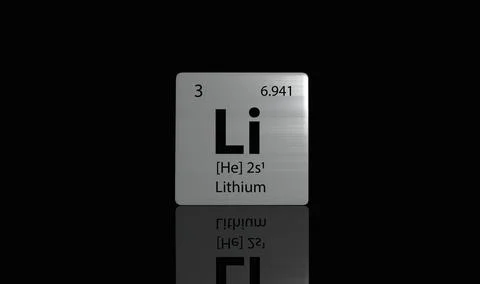 Lithium elements on a metal periodic table on dark background. 3D rendered .. Stock Illustration
