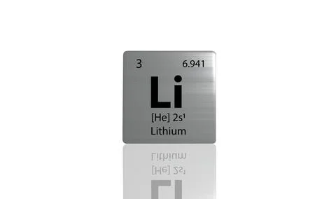Lithium elements on a metal periodic table on white background. 3D rendered.. Stock Illustration