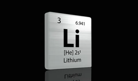 Lithium elements on a metal periodic table on dark background. 3D rendered .. Stock Illustration