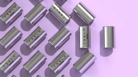 Lithium-ion 4680 Tesla battery, High-capacity accumulator cell modules, tab.. Stock Illustration