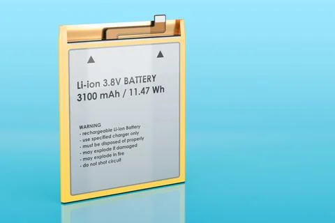 Lithium Ion Cell Phone Battery on blue background, 3D rendering Stock Illustration