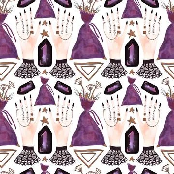 Lithomancy, the ritual of divination with crystals. Seamless pattern with female Stock-Illustration