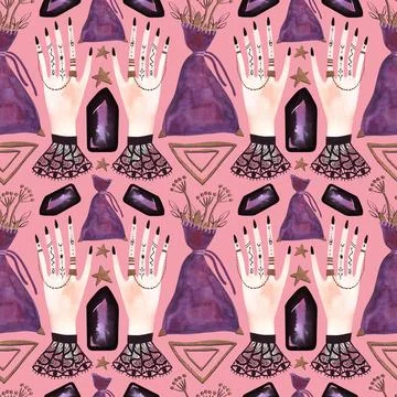 Lithomancy, the ritual of divination with crystals. Seamless pattern Stock Illustration